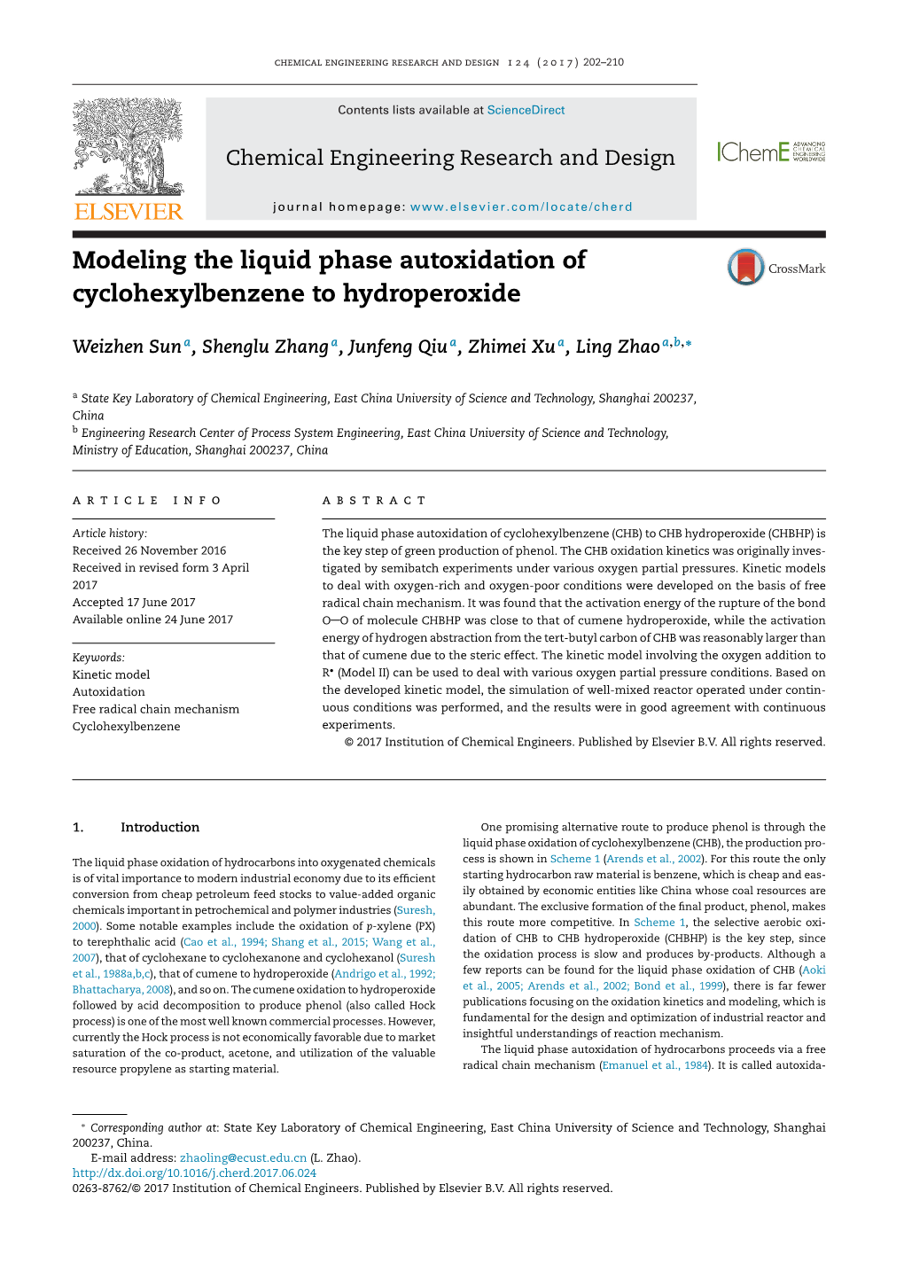 Modeling the Liquid Phase Autoxidation of Cyclohexylbenzene to Hydroperoxide