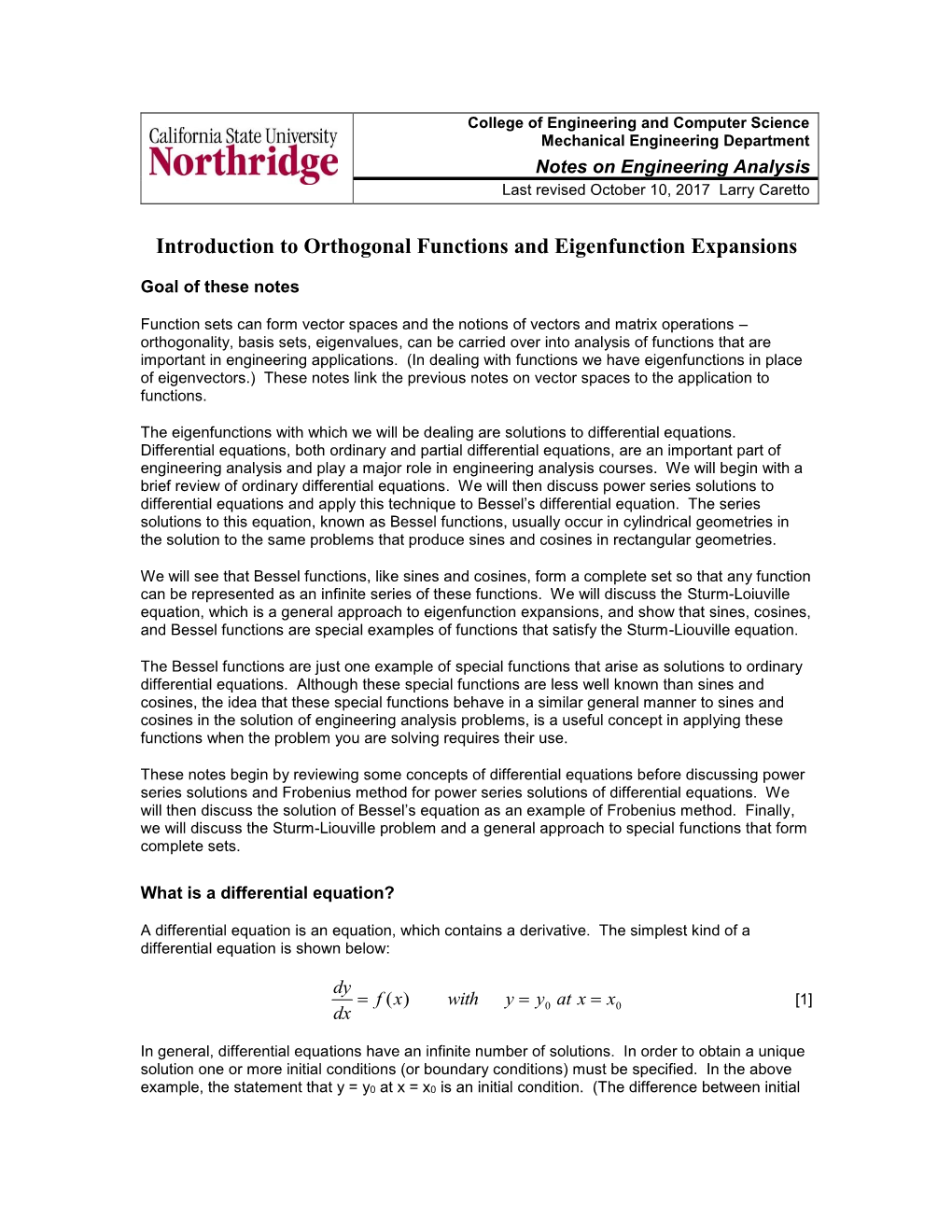 Notes on Power Series Solutions and Bessel Functions