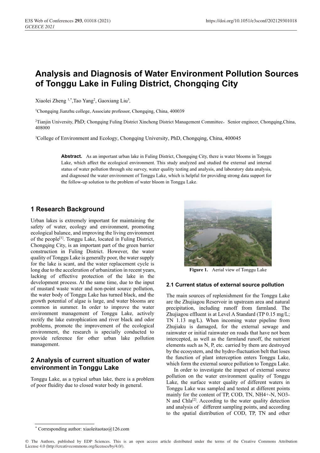 Analysis and Diagnosis of Water Environment Pollution Sources of Tonggu Lake in Fuling District, Chongqing City