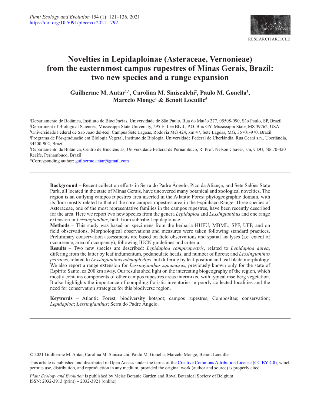 Asteraceae, Vernonieae) from the Easternmost Campos Rupestres of Minas Gerais, Brazil: Two New Species and a Range Expansion