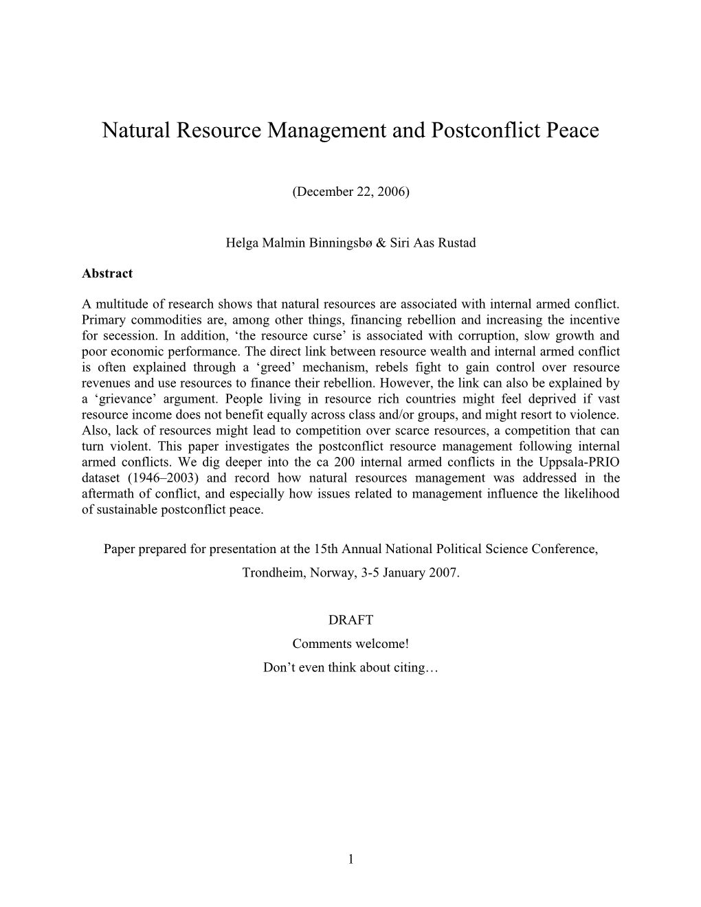 Wealth Sharing and Sustainable Postconflict Peace