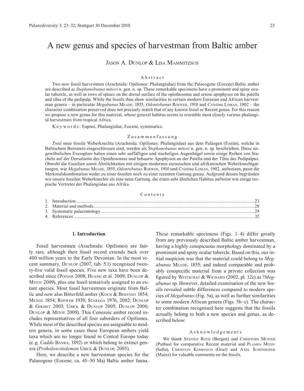 A New Genus and Species of Harvestman from Baltic Amber