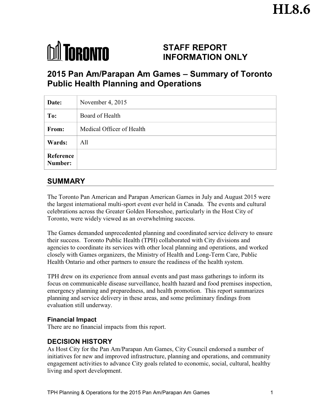 2015 Pan Am/Parapan Am Games – Summary of Toronto Public Health Planning and Operations