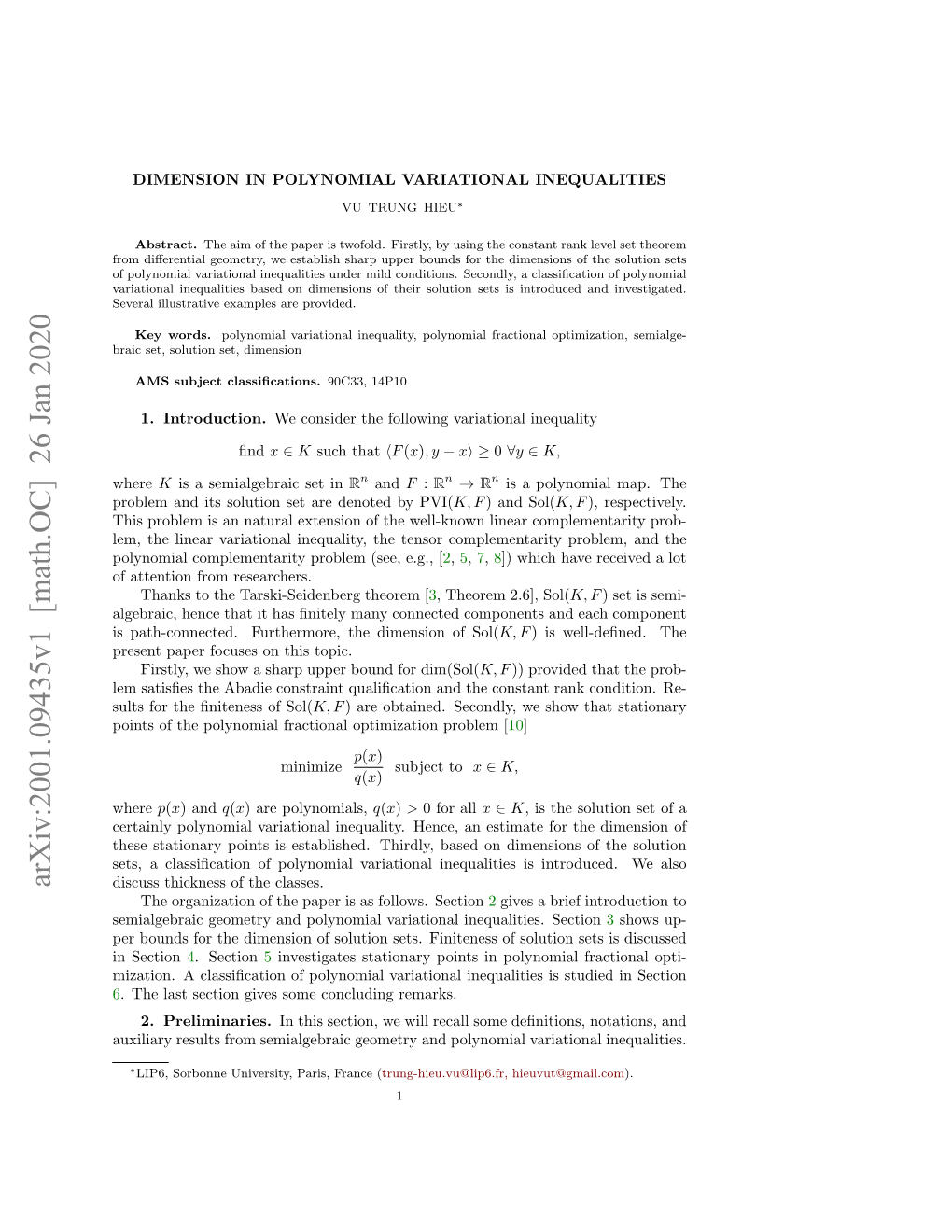 Dimension in Polynomial Variational Inequalities