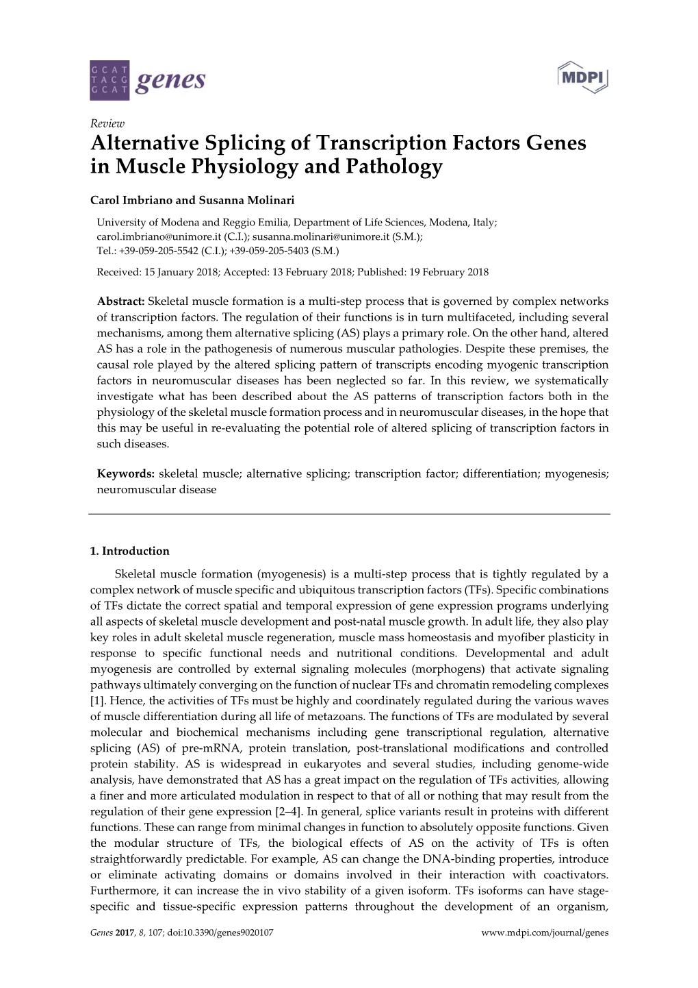 Alternative Splicing of Transcription Factors Genes in Muscle Physiology and Pathology