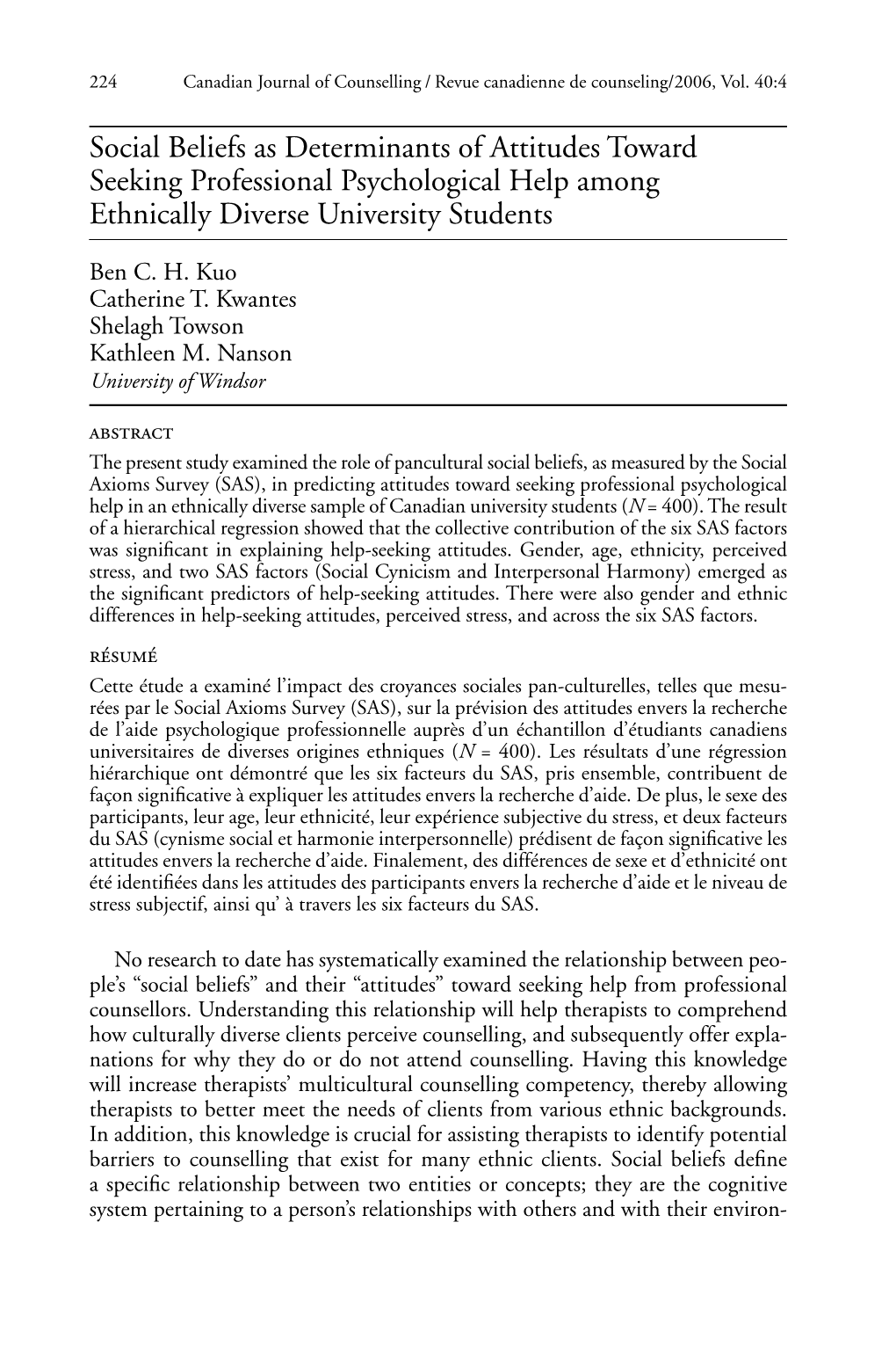 Social Beliefs As Determinants of Attitudes Toward Seeking Professional Psychological Help Among Ethnically Diverse University Students