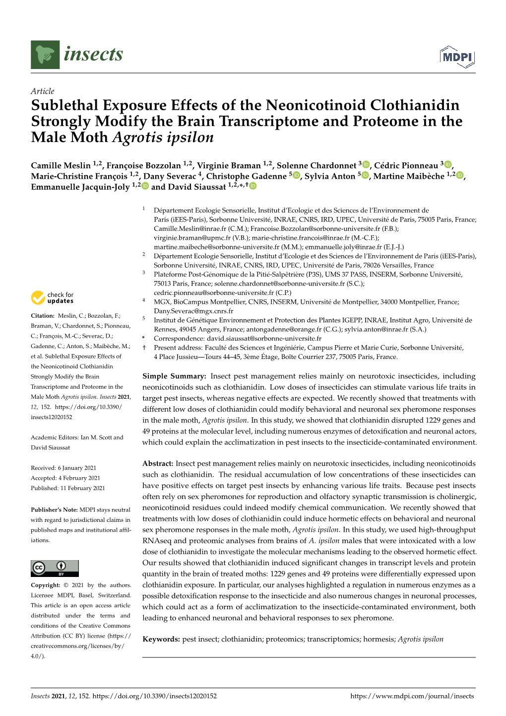 Sublethal Exposure Effects of the Neonicotinoid Clothianidin Strongly Modify the Brain Transcriptome and Proteome in the Male Moth Agrotis Ipsilon