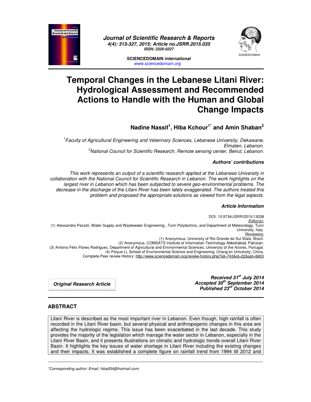 Temporal Changes in the Lebanese Litani River: Hydrological Assessment and Recommended Actions to Handle with the Human and Global Change Impacts