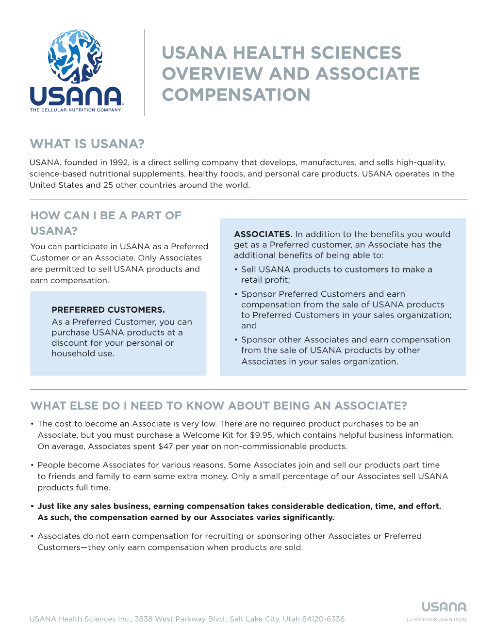 Usana Health Sciences Overview and Associate Compensation