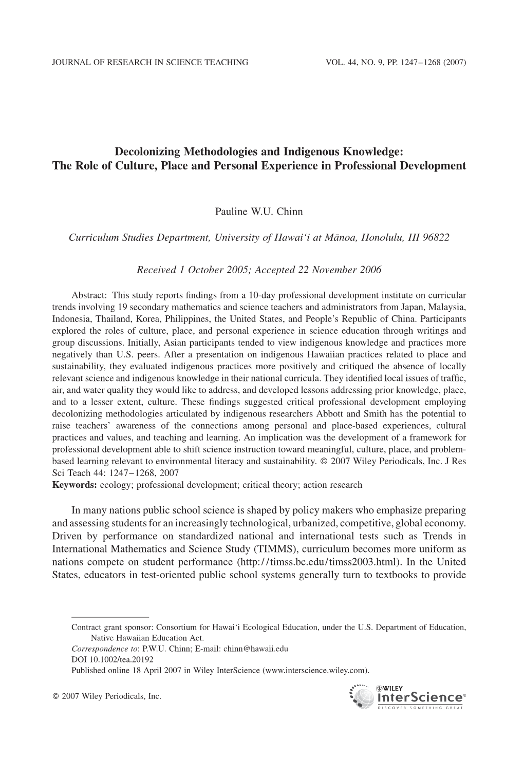 Decolonizing Methodologies and Indigenous Knowledge: the Role of Culture, Place and Personal Experience in Professional Development
