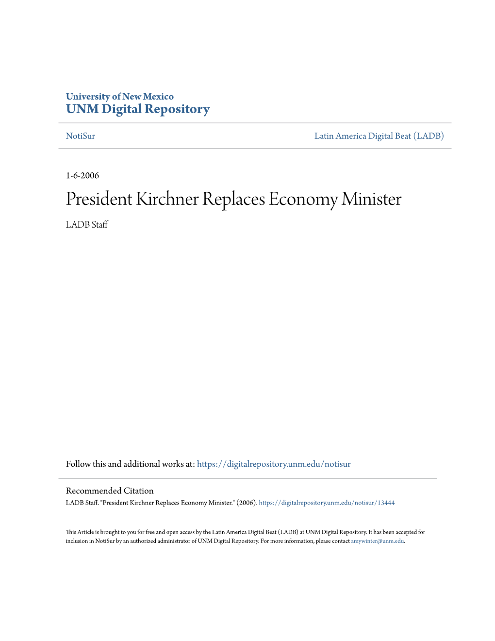 President Kirchner Replaces Economy Minister LADB Staff