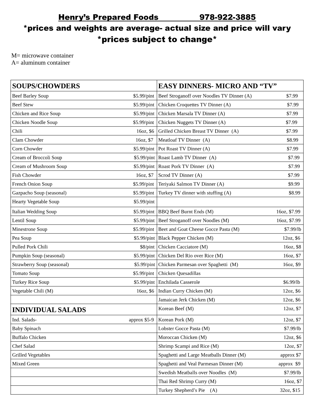 2021 Henry's Prepared Foods List