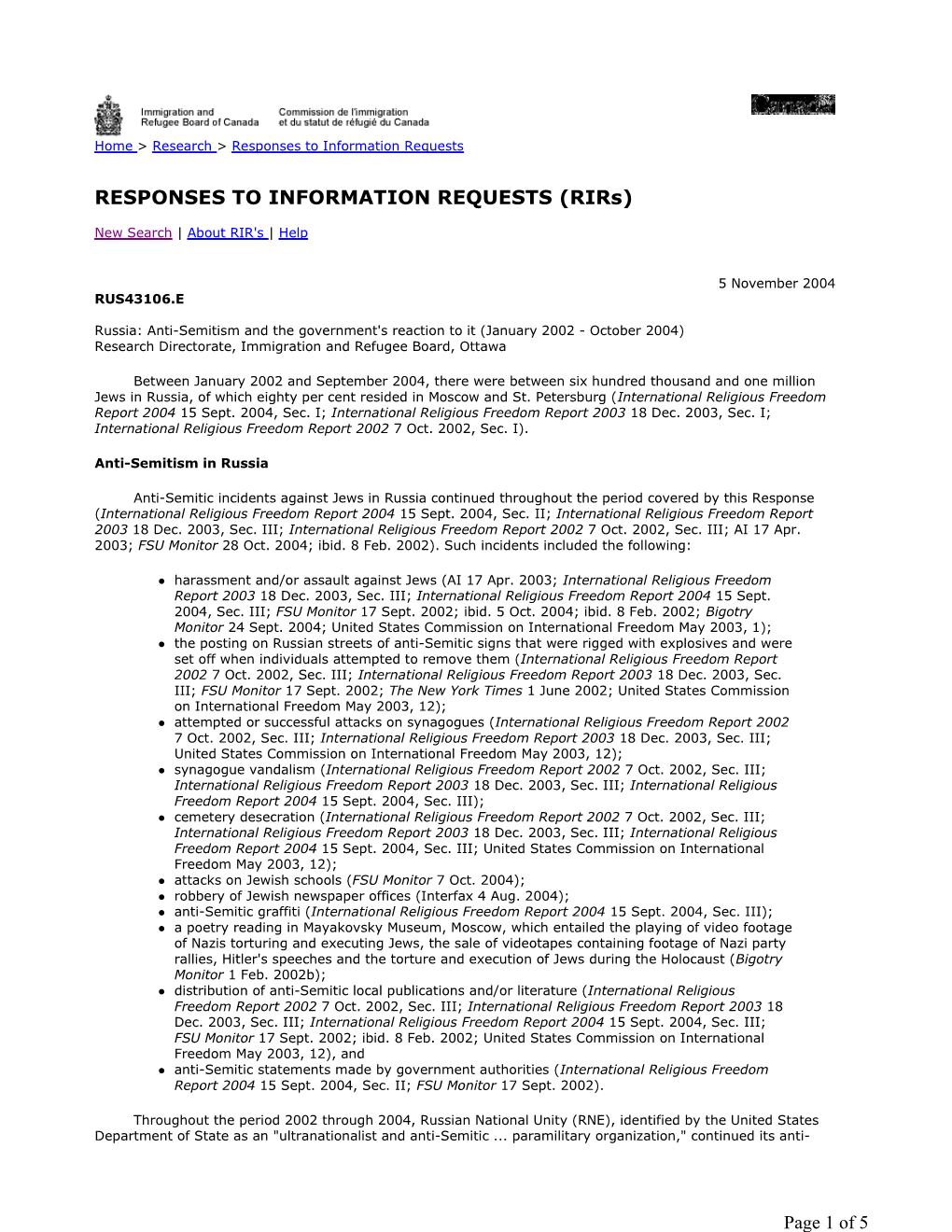 Russia: Anti-Semitism and the Government's Reaction to It (January 2002 - October 2004) Research Directorate, Immigration and Refugee Board, Ottawa
