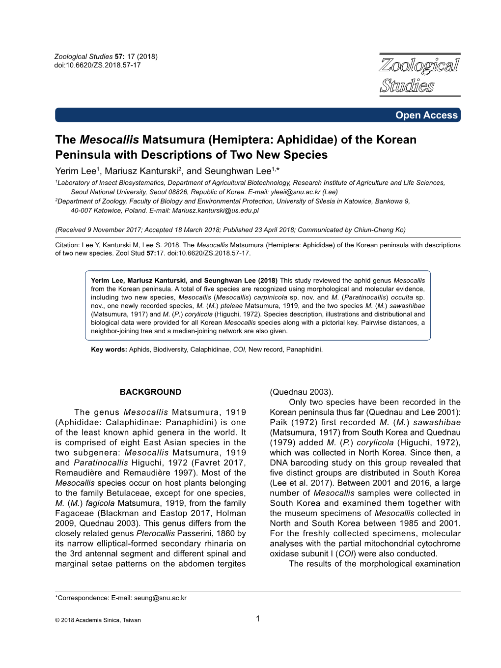 (Hemiptera: Aphididae) of the Korean Peninsula With