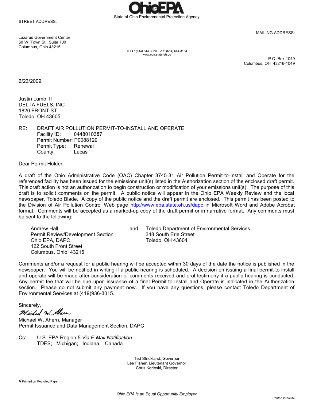 Re: Draft Air Pollution Permit-To-Install and Operate