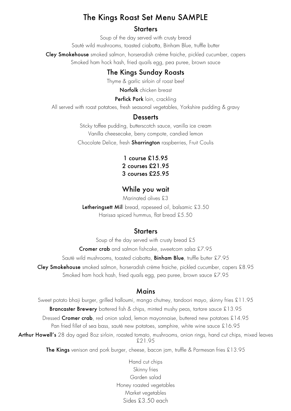 The Kings Roast Set Menu SAMPLE