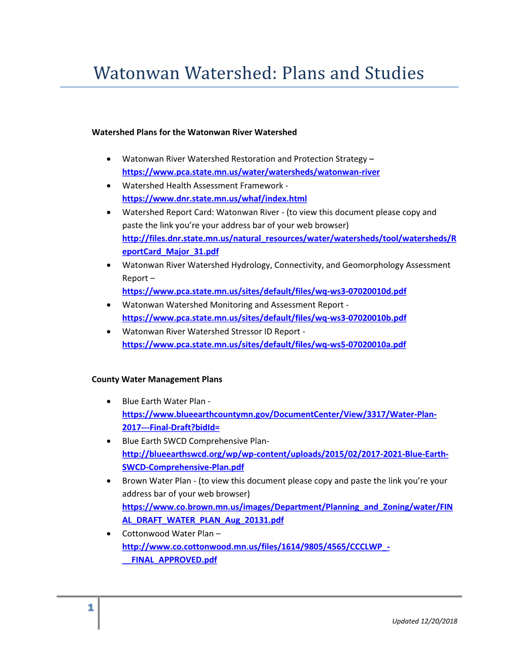 Watonwan Watershed: Plans and Studies