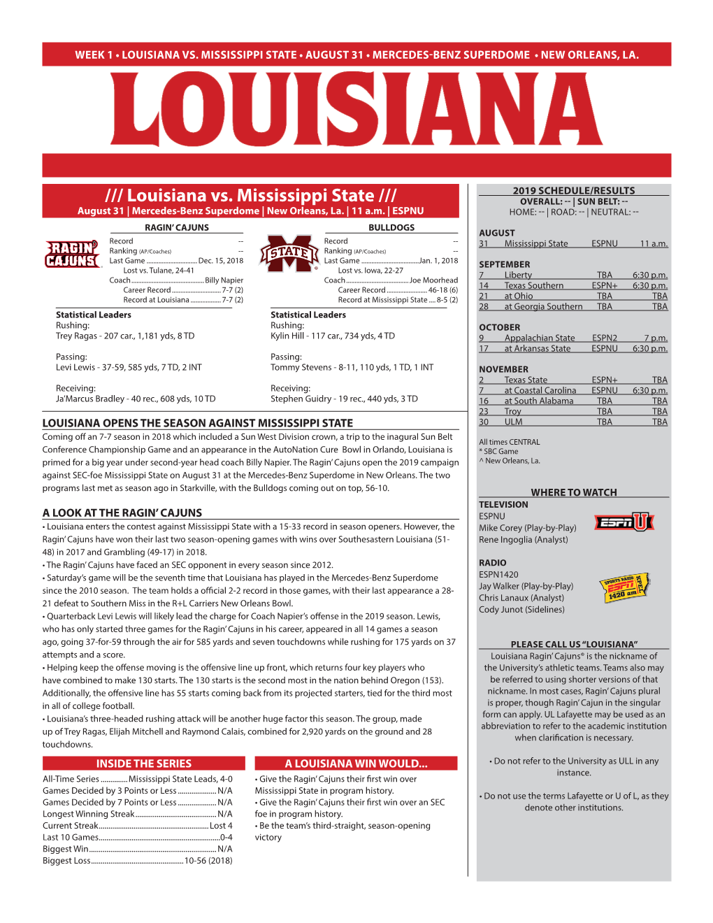 Louisiana Vs. Mississippi State /// OVERALL: -- | SUN BELT: -- August 31 | Mercedes-Benz Superdome | New Orleans, La