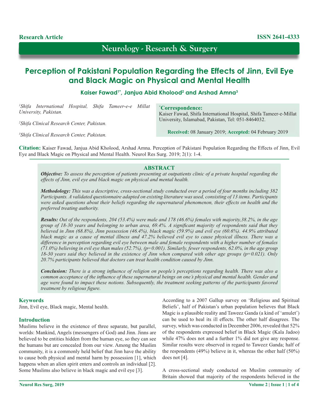 Perception of Pakistani Population Regarding the Effects of Jinn, Evil