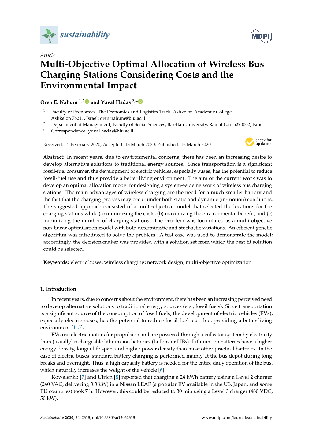 Multi-Objective Optimal Allocation of Wireless Bus Charging Stations Considering Costs and the Environmental Impact