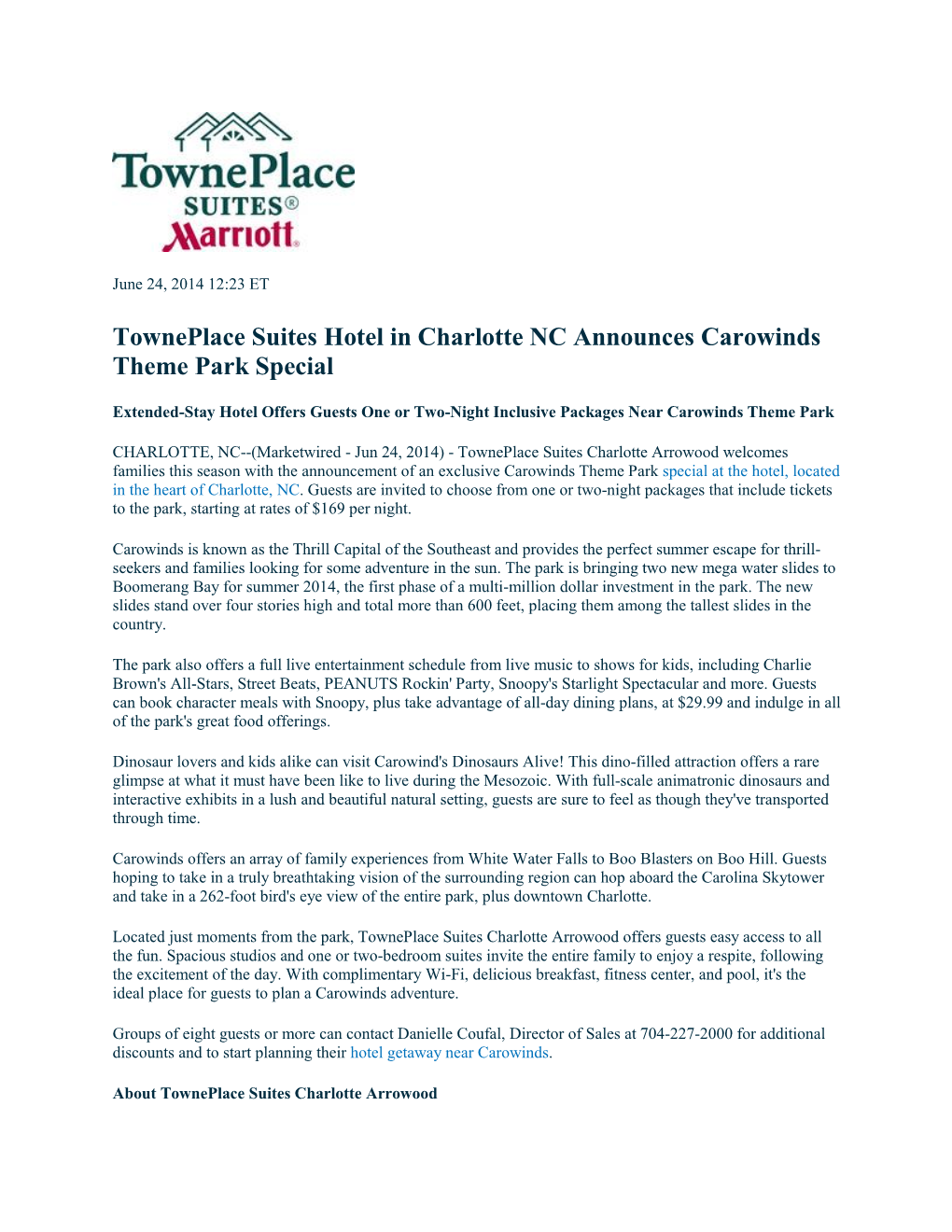 Towneplace Suites Hotel in Charlotte NC Announces Carowinds Theme Park Special