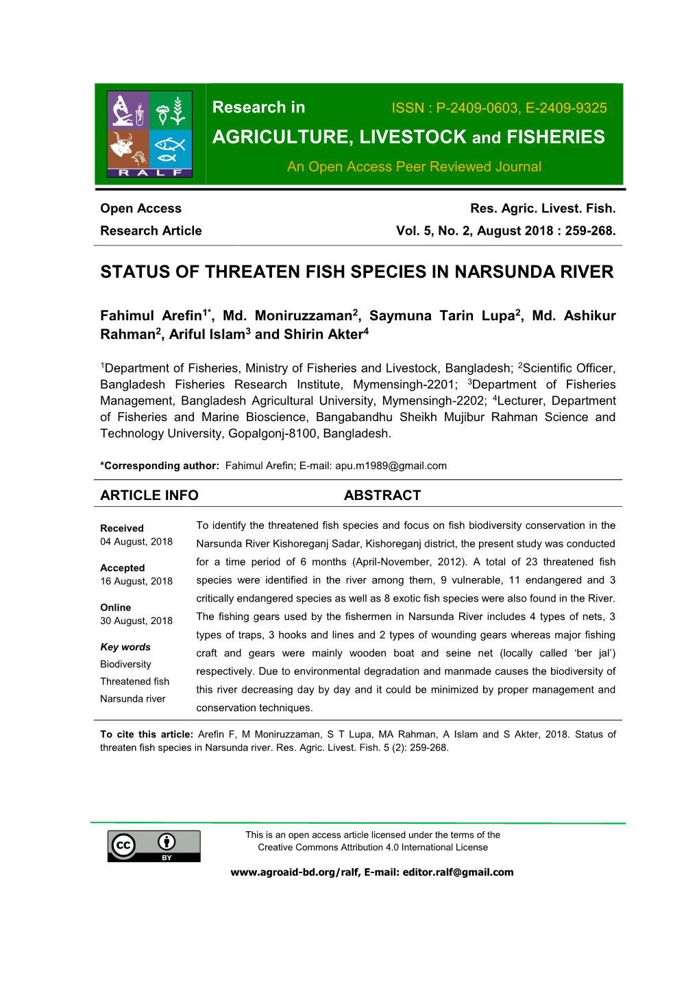 Status of Threaten Fish Species in Narsunda River