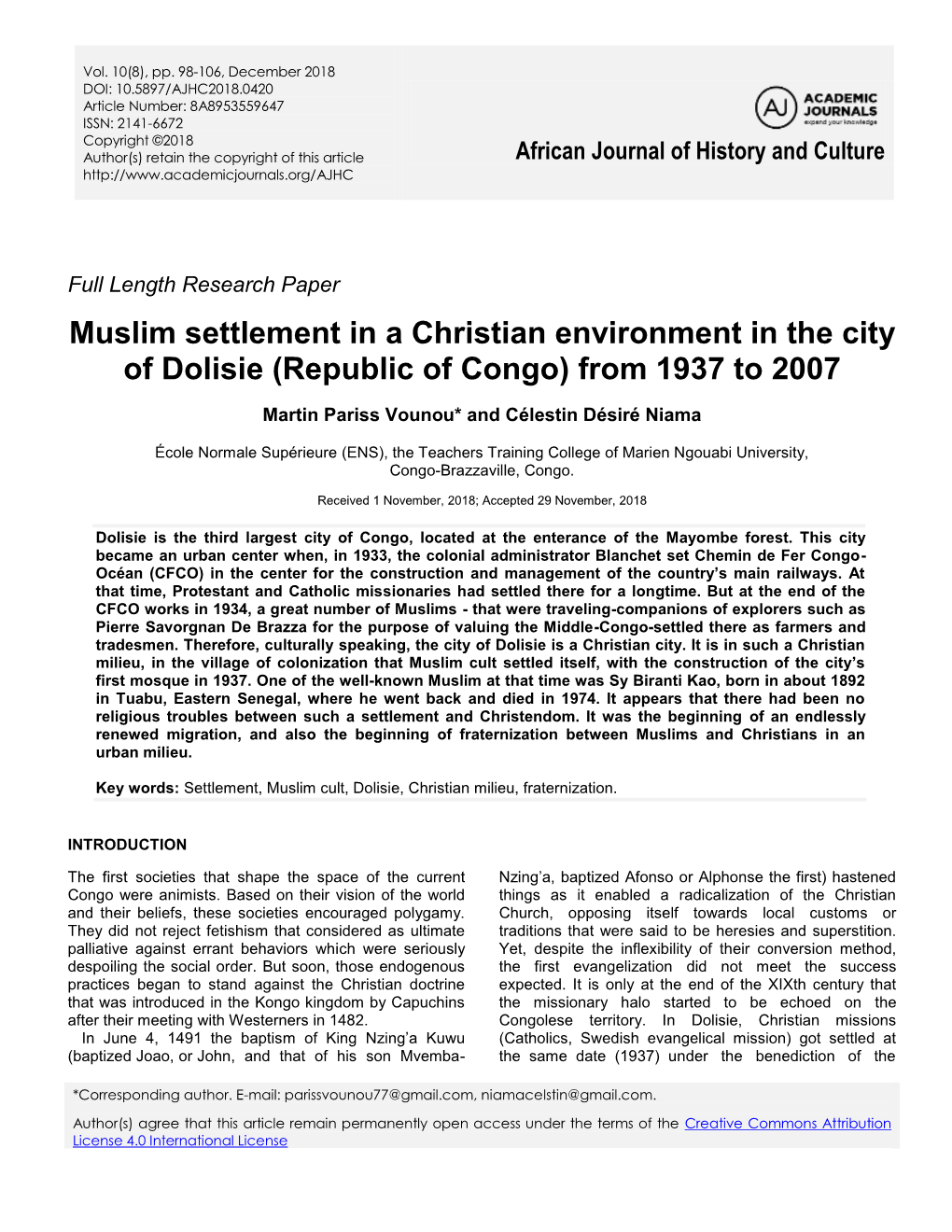 Muslim Settlement in a Christian Environment in the City of Dolisie (Republic of Congo) from 1937 to 2007