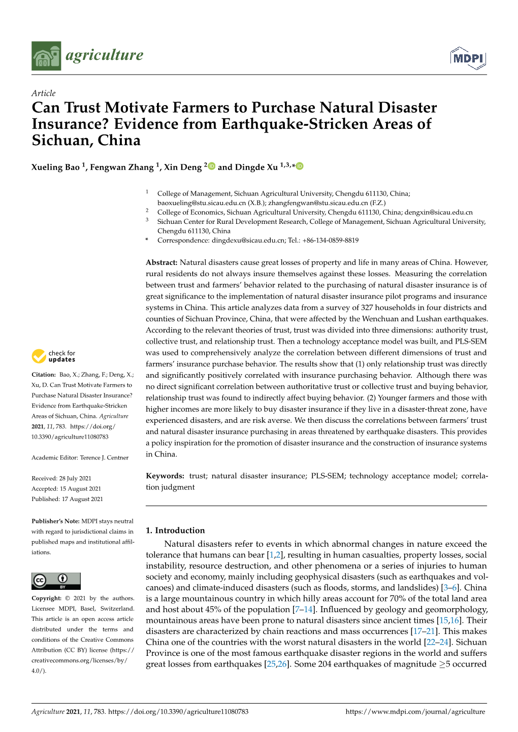 Can Trust Motivate Farmers to Purchase Natural Disaster Insurance? Evidence from Earthquake-Stricken Areas of Sichuan, China