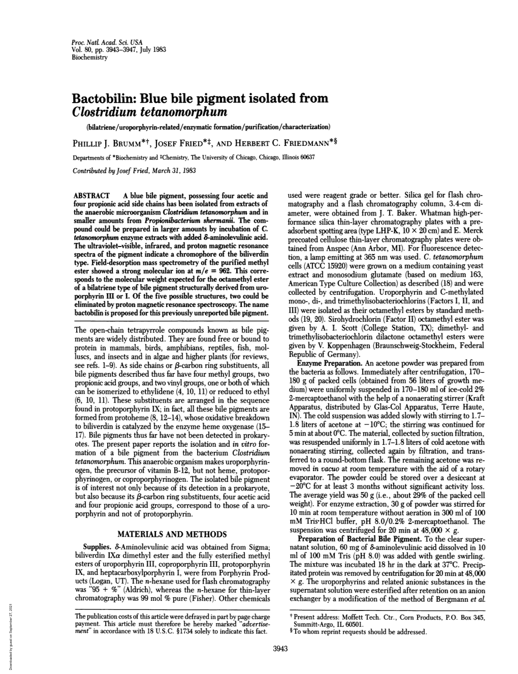 Clostridium Tetanomorphum (Bilatriene/Uroporphyrin-Related/Enzymatic Formation/Purification/Characterization) PHILLIP J