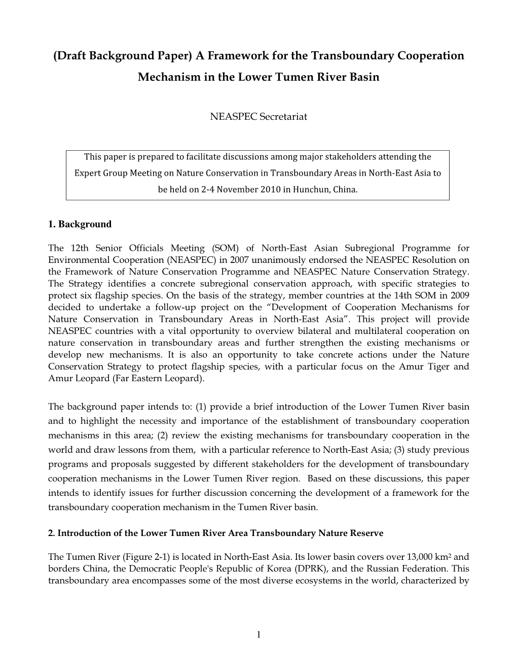 (Draft Background Paper) a Framework for the Transboundary Cooperation Mechanism in the Lower Tumen River Basin