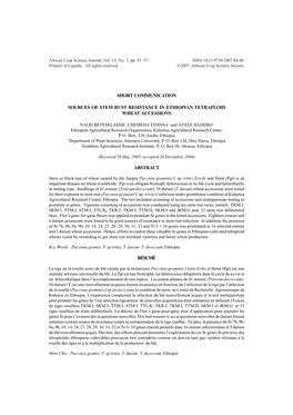 Short Communication Sources of Stem Rust Resistance in Ethiopian Tetraploid Wheat Accessions Abstract Résumé