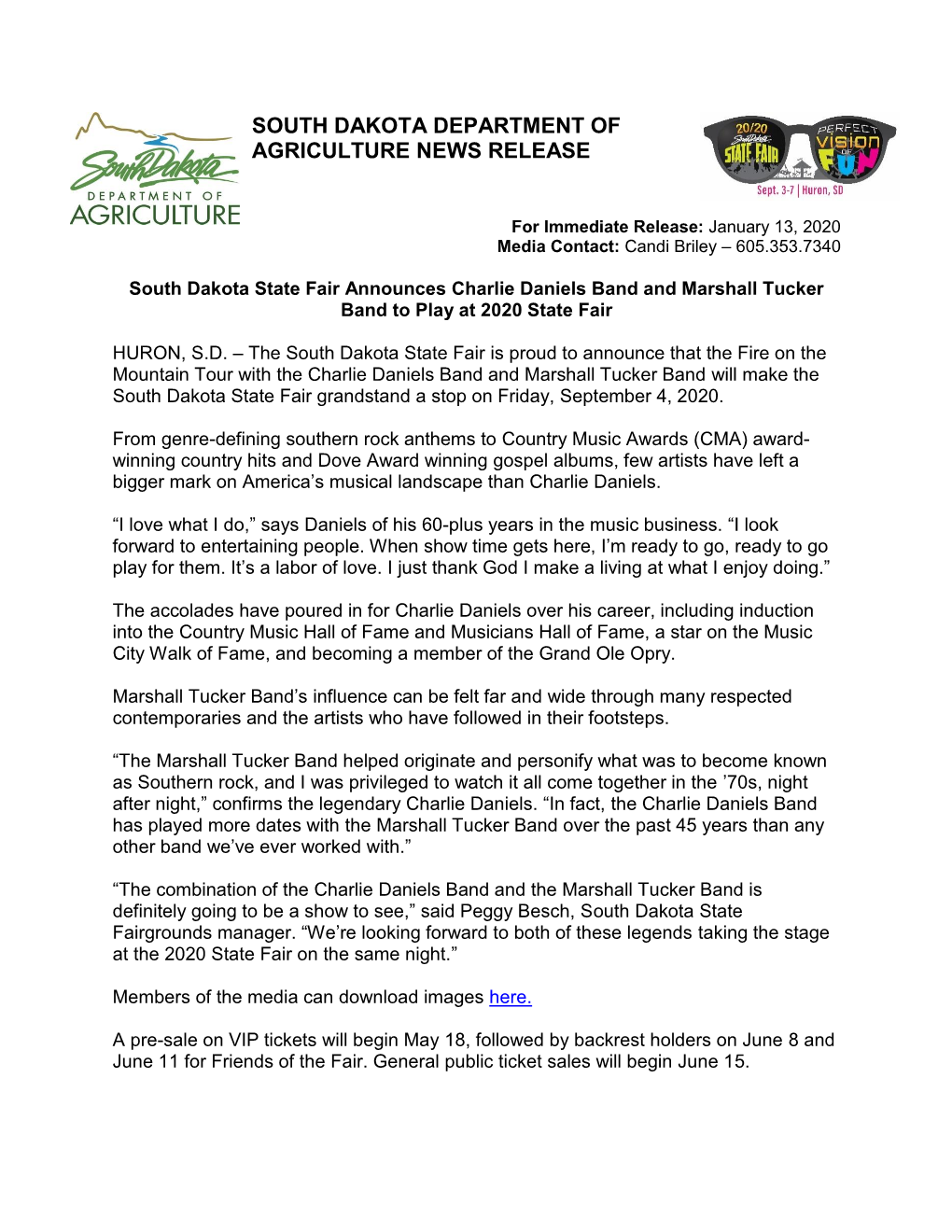South Dakota State Fair Announces Charlie Daniels Band and Marshall Tucker Band to Play at 2020 State Fair