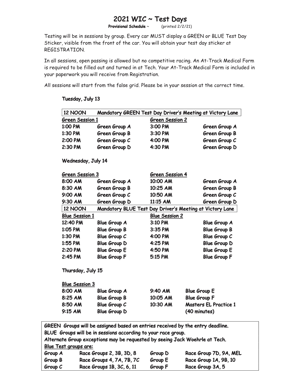 2021 WIC ~ Test Days Provisional Schedule ~ (Printed 2/2/21)