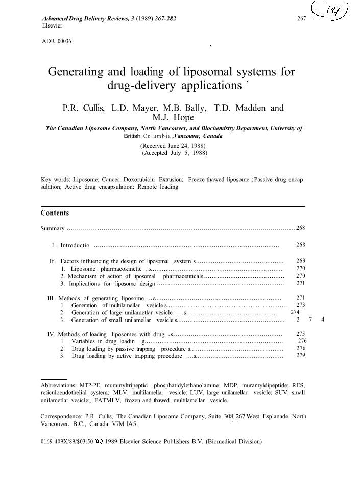 Generating and Loading of Liposomal Systems for Drug-Delivery