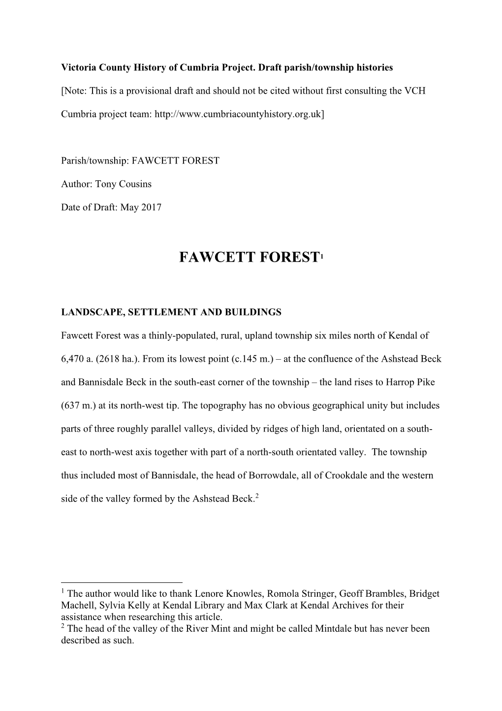 Completed Draft History of Fawcett Forest