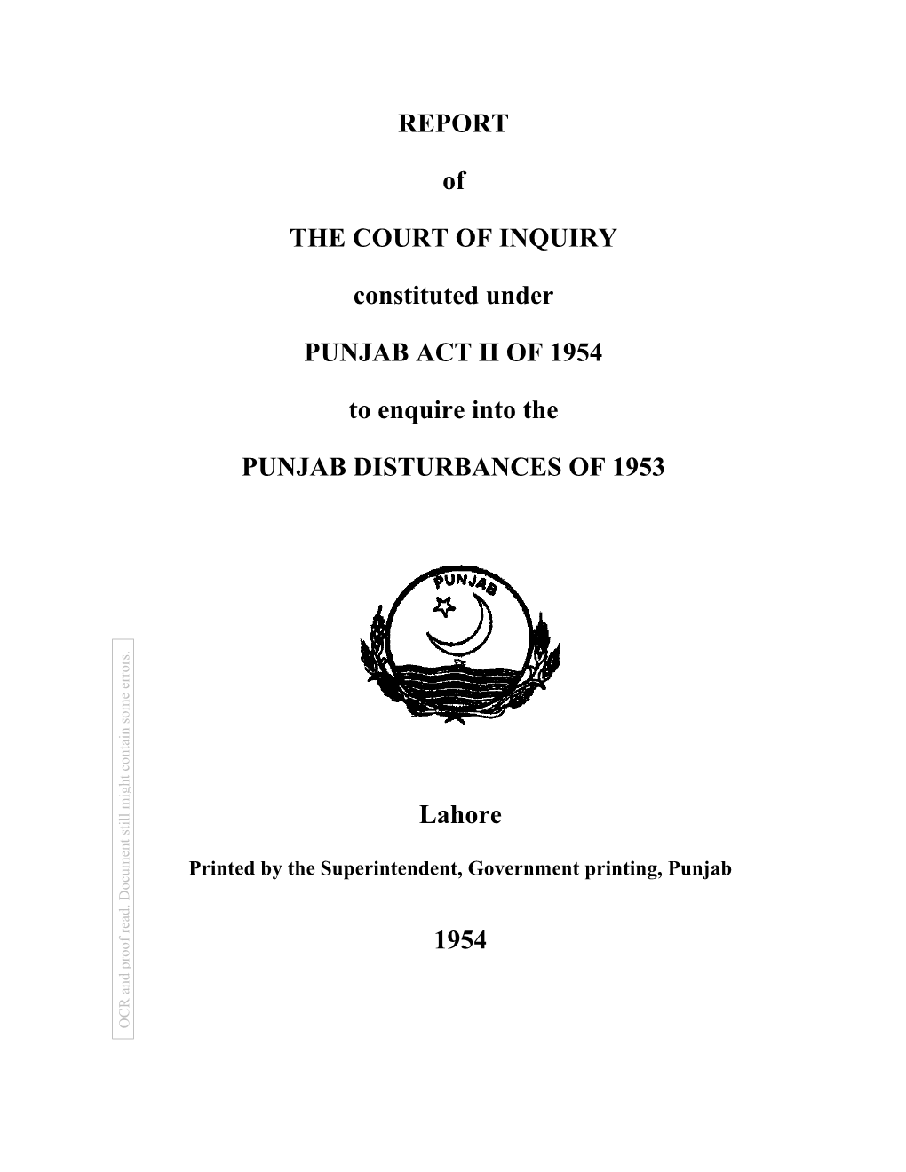 Report of the Court of Inquiry 1954 (Punjab Disturbances 1953)