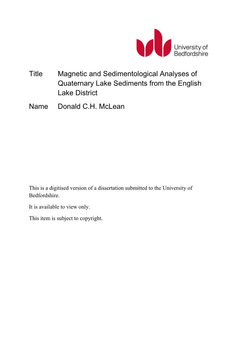 Title Magnetic and Sedimentological Analyses of Quaternary Lake Sediments from the English Lake District Name Donald C.H