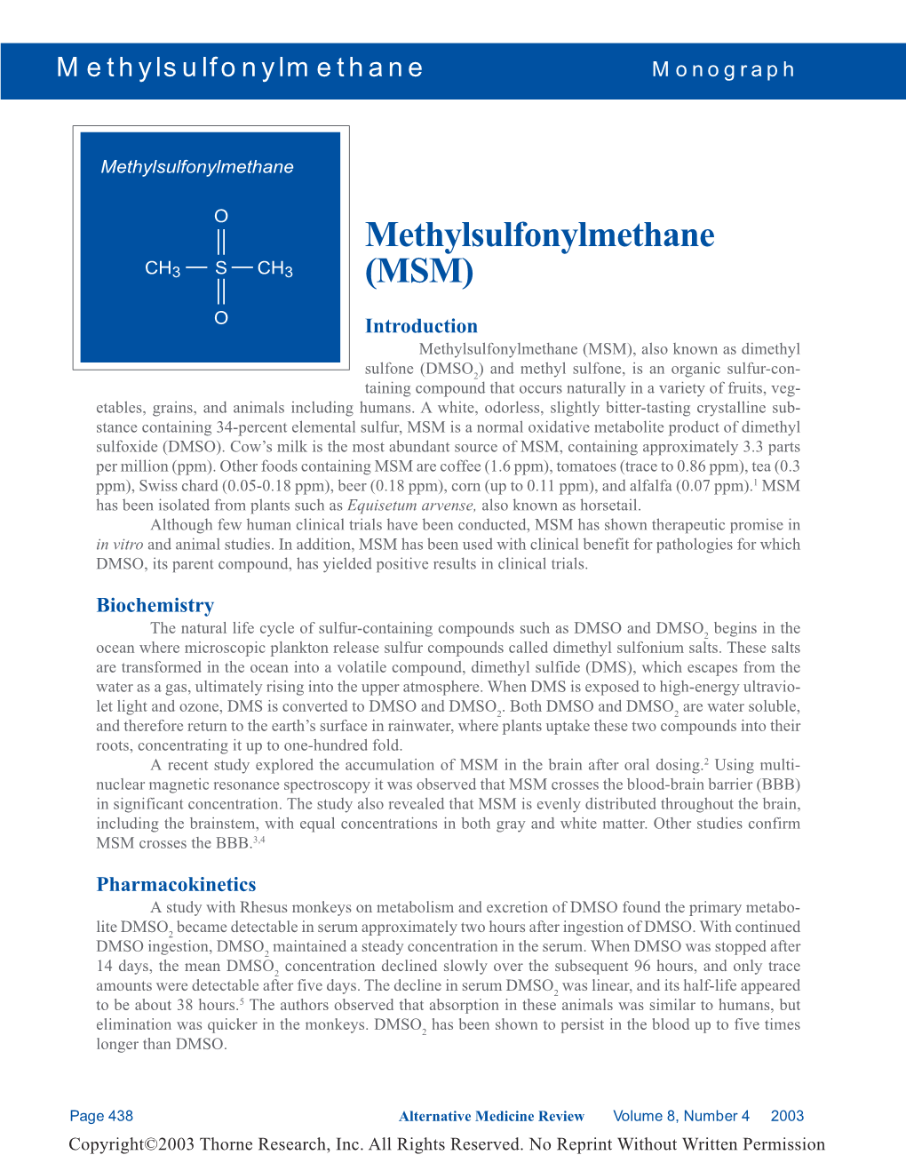 Methylsulfonylmethane (MSM) Monograph