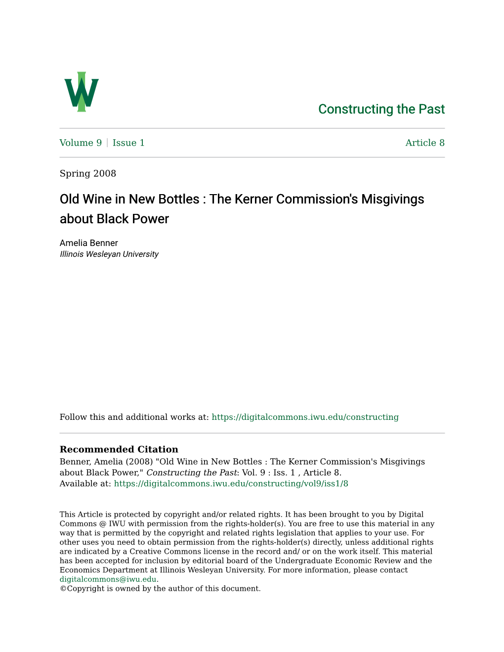 Old Wine in New Bottles : the Kerner Commission's Misgivings About Black Power