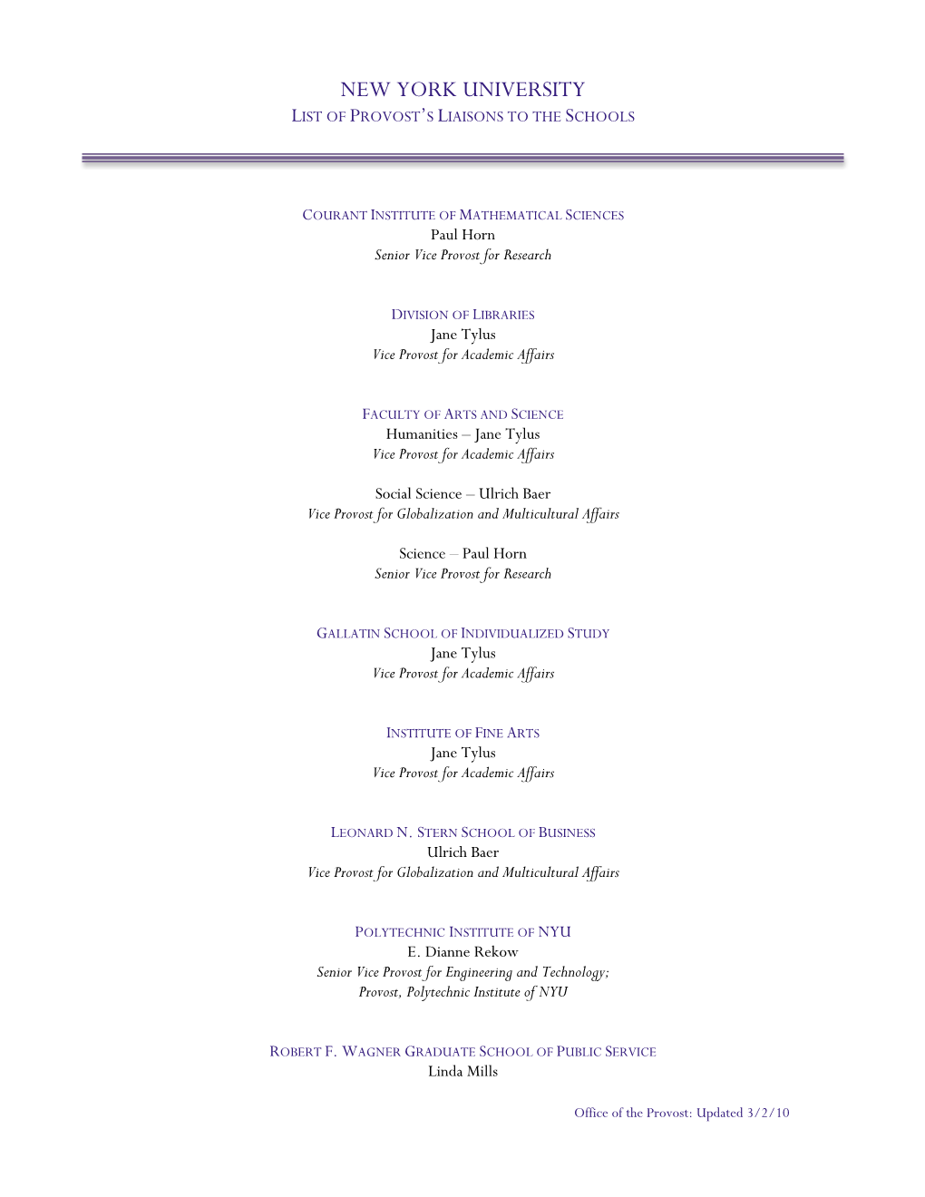 New York University List of Provost’S Liaisons to the Schools