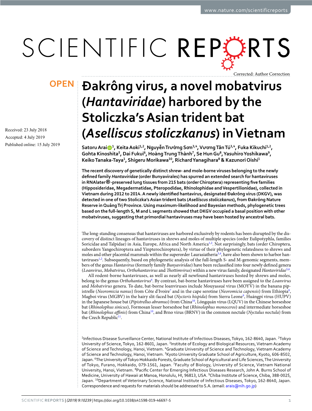 Đakrông Virus, a Novel Mobatvirus (Hantaviridae) Harbored by the Stoliczka's Asian Trident Bat (Aselliscus Stoliczkanus) In
