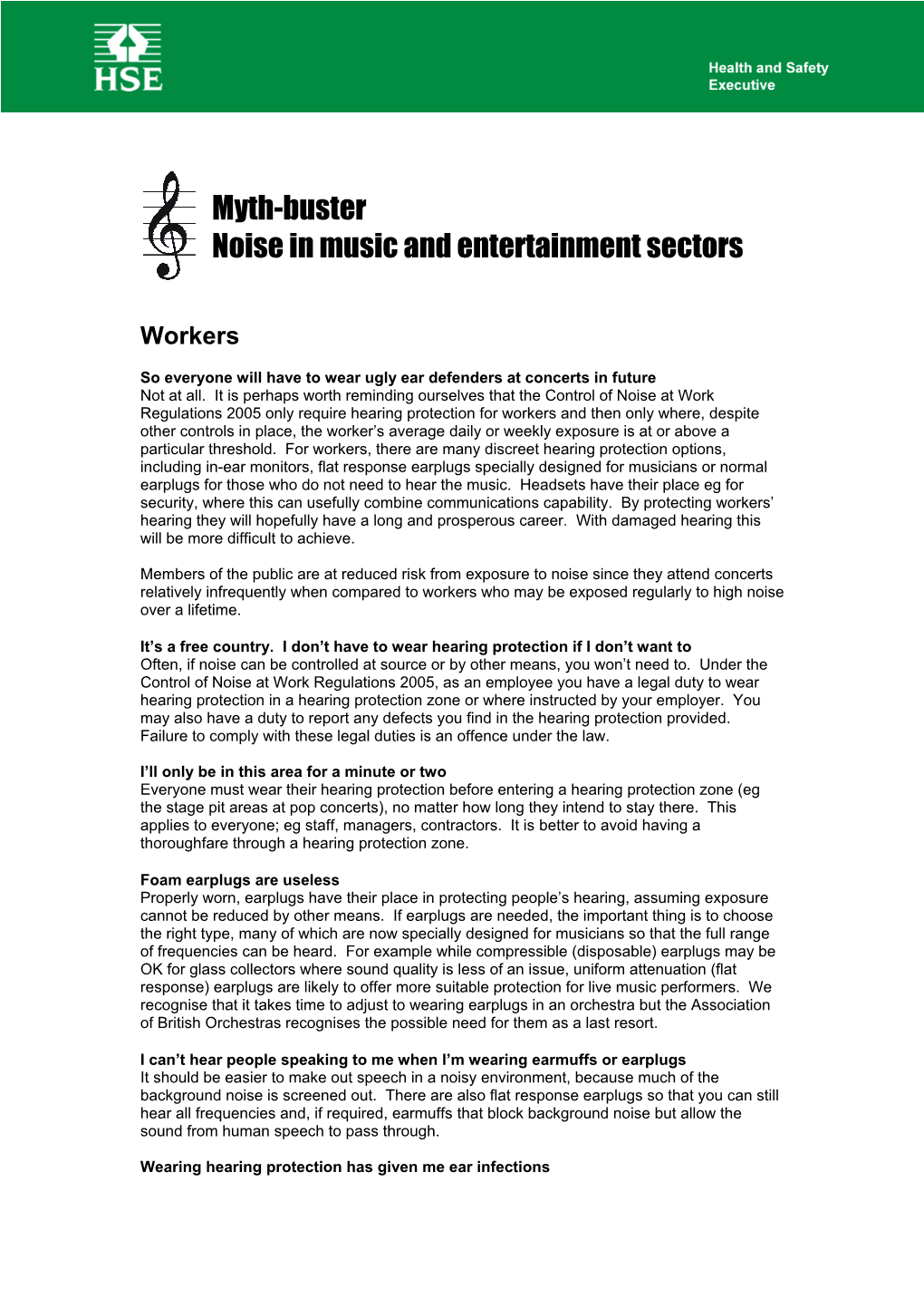 Health and Safety Executive Myth Buster Noise in Music And