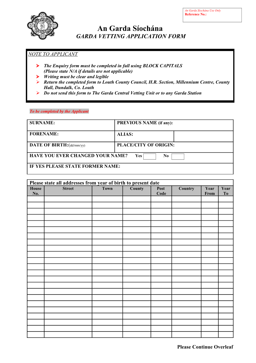 Garda Vetting APPLICATION Form s1