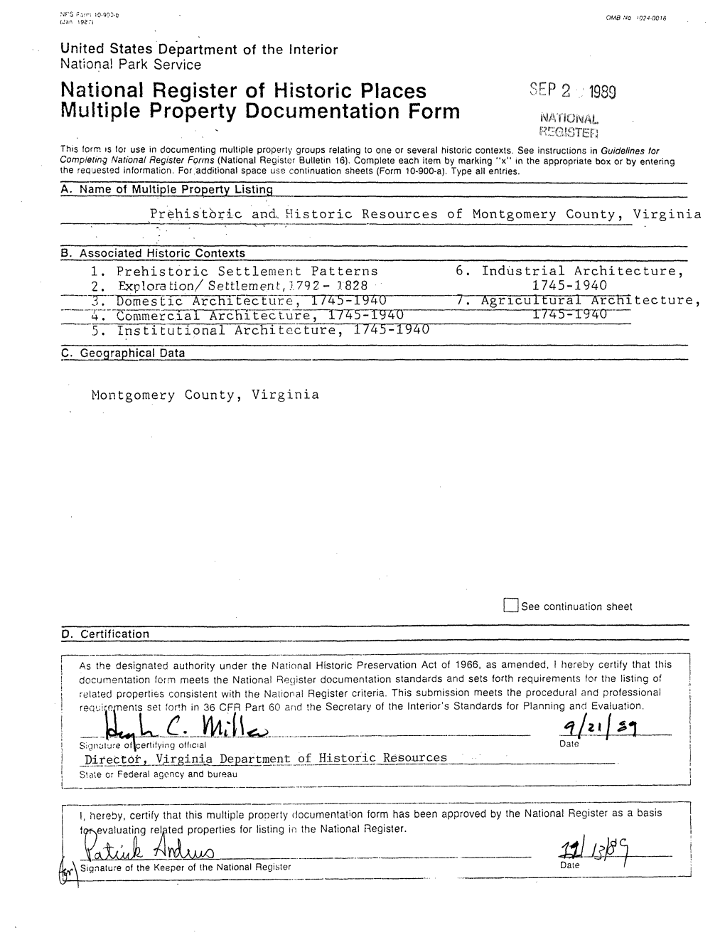 National Register of Historic Places SEP 2 1989 Multiple Property Documentation Form