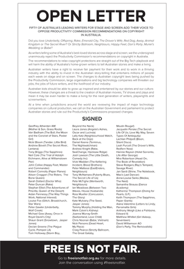 Open Letter Fifty of Australia’S Leading Writers for Stage and Screen Add Their Voice to Oppose Productivity Commission Recommendations on Copyright in Australia