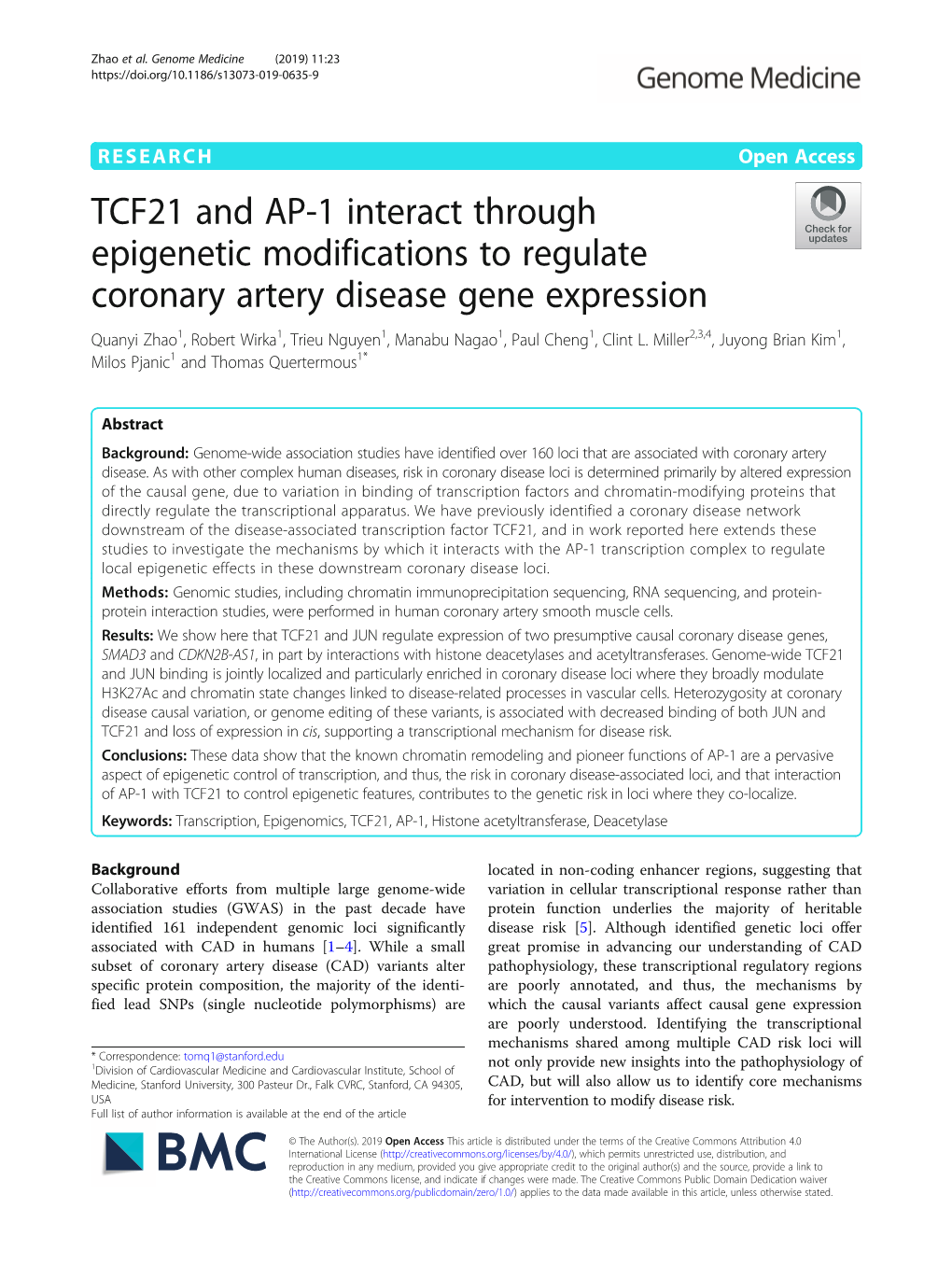 TCF21 and AP-1 Interact Through Epigenetic Modifications to Regulate