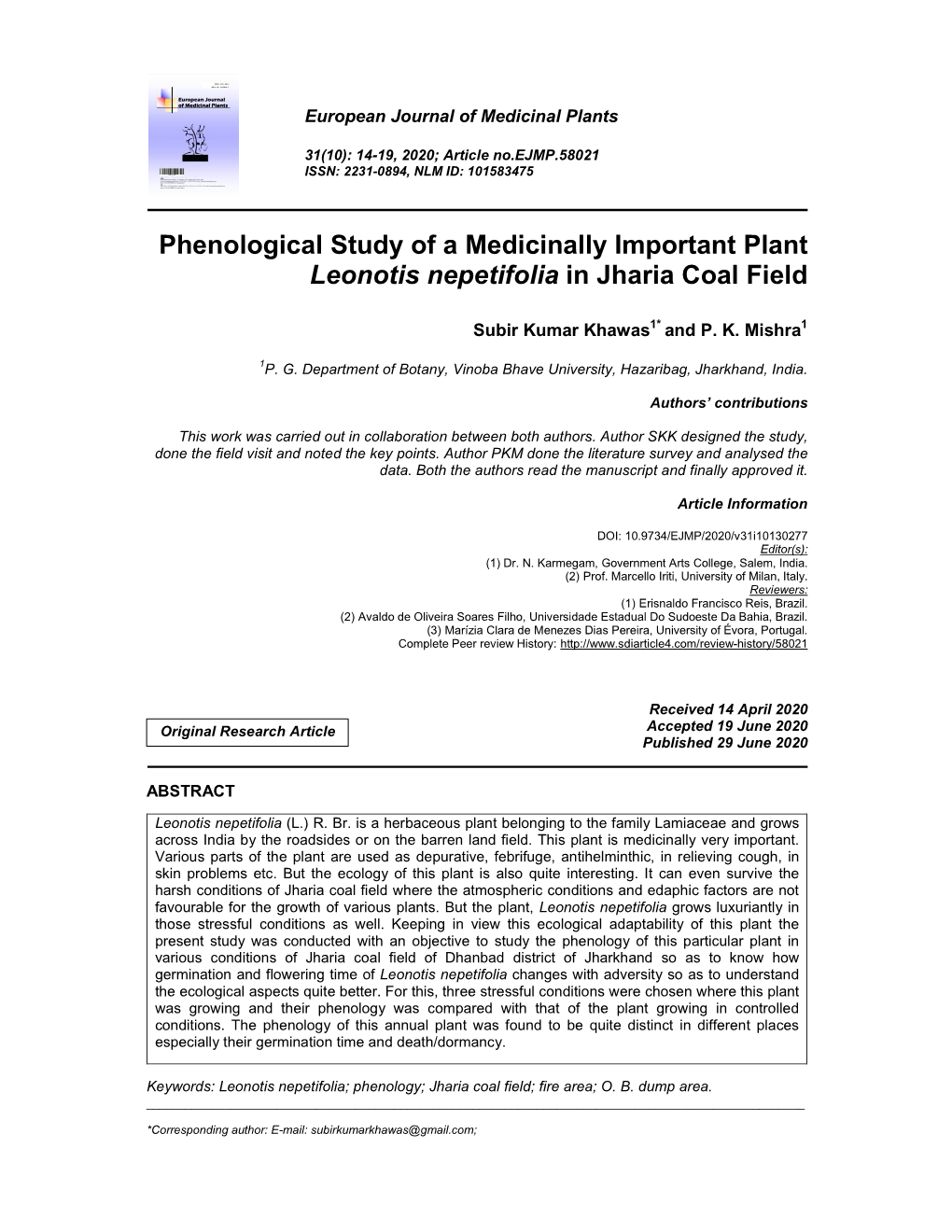 Phenological Study of a Medicinally Important Plant Leonotis Nepetifolia in Jharia Coal Field