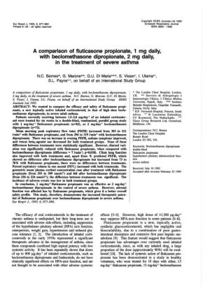 A Comparison of Fluticasone Propionate, 1 Mg Daily, with Beclomethasone Dipropionate, 2 Mg Daily, in the Treatment of Severe Asthma