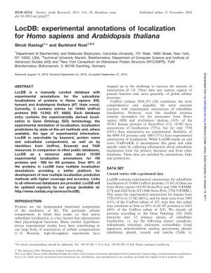 Locdb: Experimental Annotations of Localization for Homo Sapiens and Arabidopsis Thaliana Shruti Rastogi1,* and Burkhard Rost1,2,3