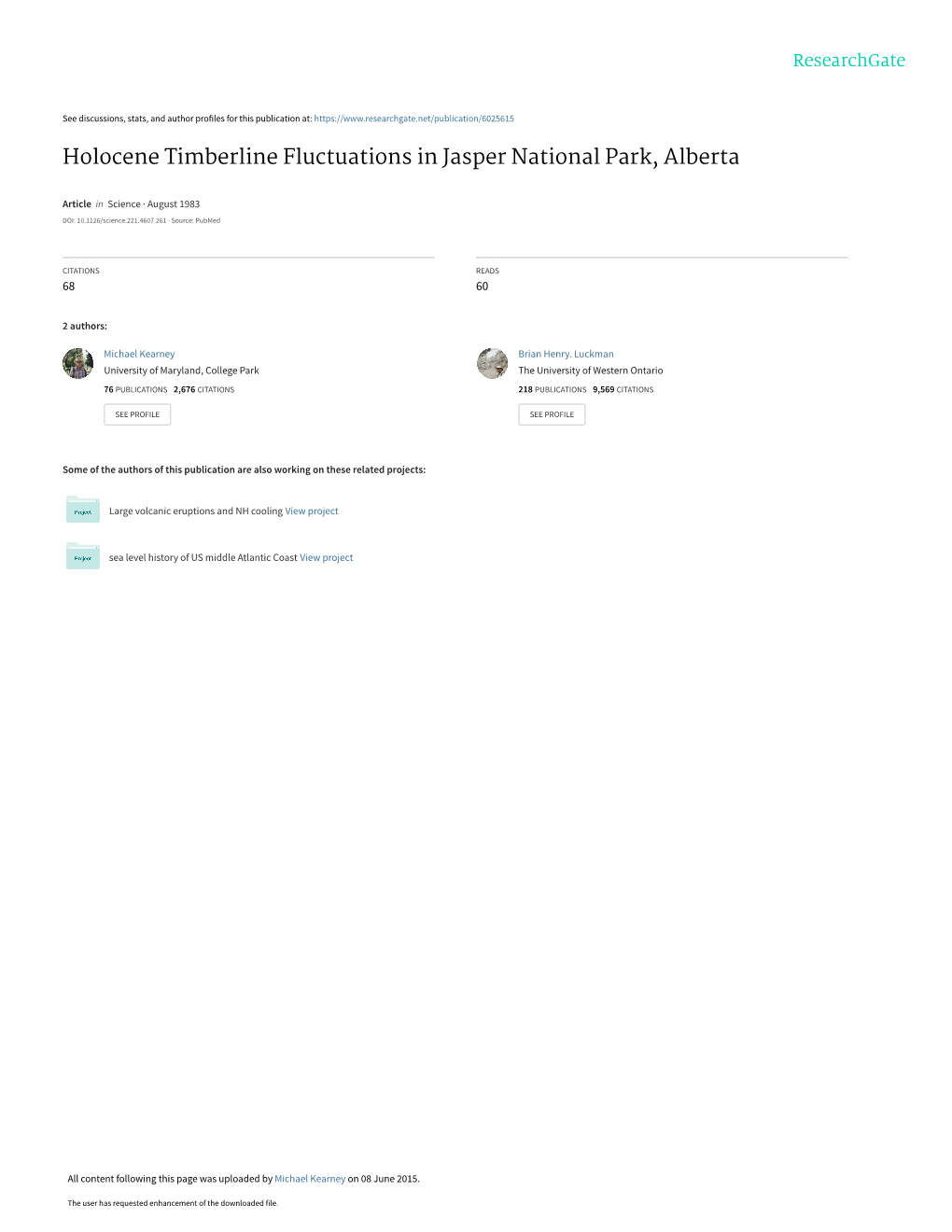 Holocene Timberline Fluctuations in Jasper National Park, Alberta